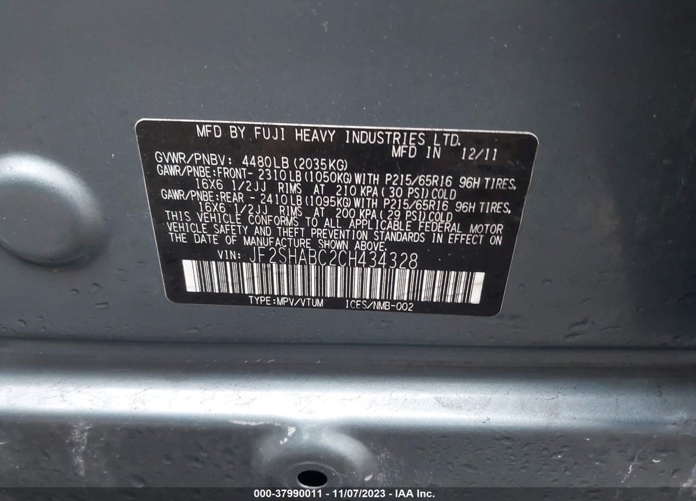 2012 SUBARU FORESTER 2.5X VIN: JF2SHABC2CH434328