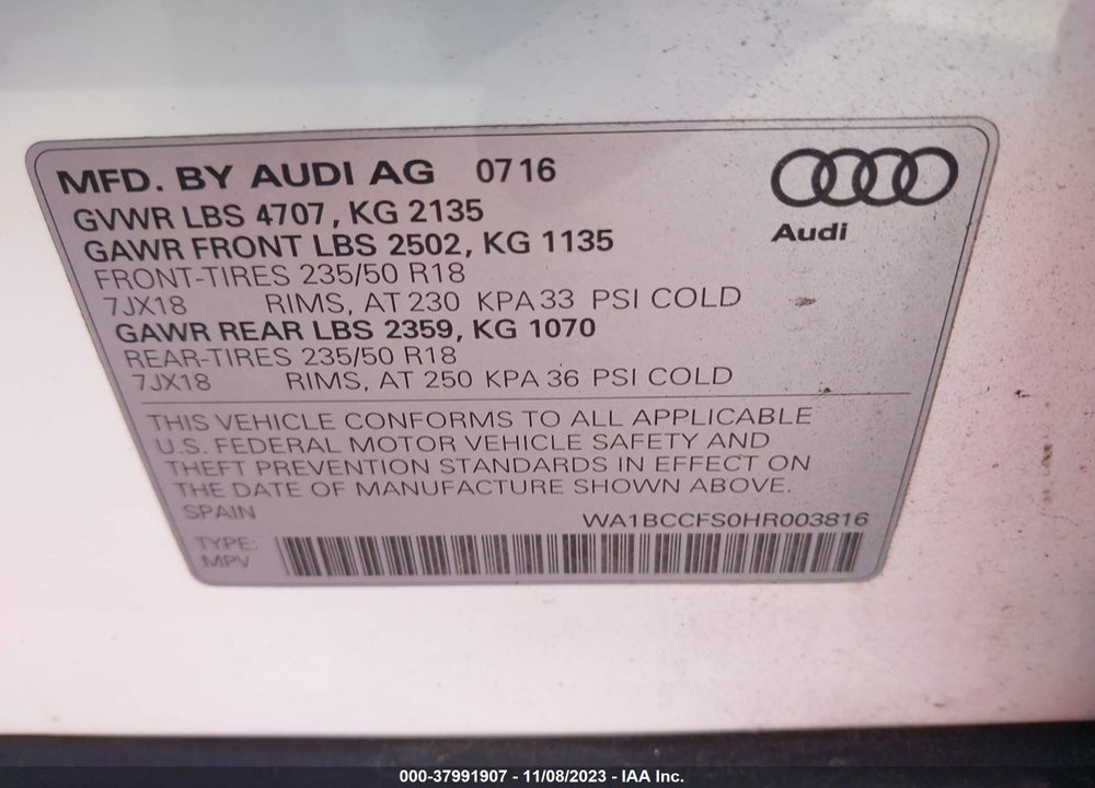 2017 AUDI Q3 2.0T PREMIUM VIN: WA1BCCFS0HR003816
