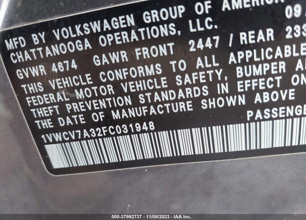 2015 VOLKSWAGEN PASSAT VIN: 1VWCV7A32FC031948