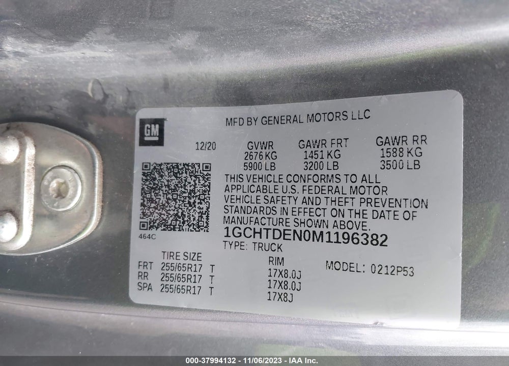 2021 CHEVROLET COLORADO VIN: 1GCHTDEN0M1196382