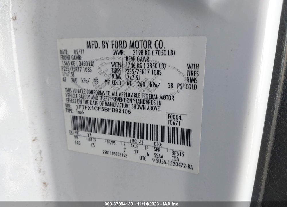 2011 FORD F-150 XL VIN: 1FTFX1CF5BFB62105
