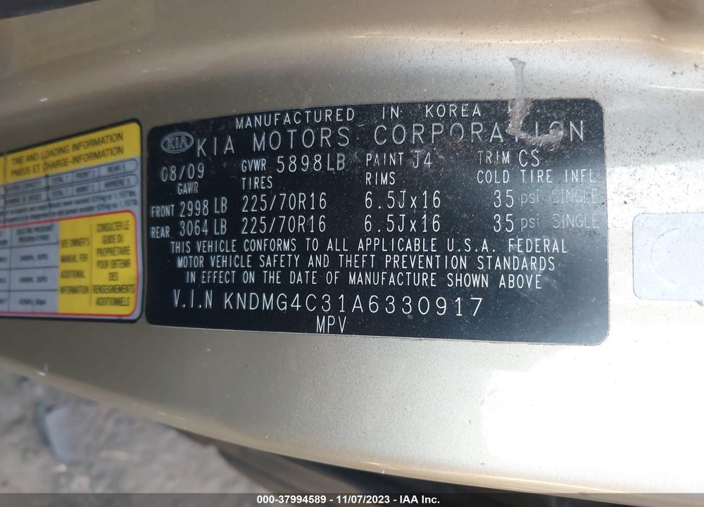 2010 KIA SEDONA LX VIN: KNDMG4C31A6330917