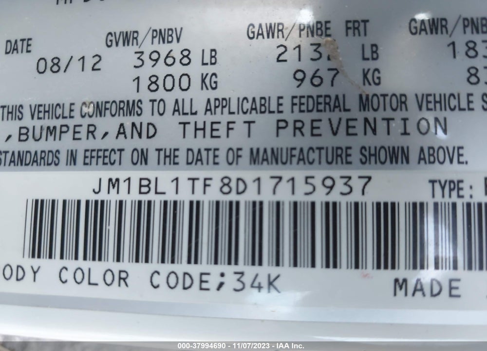 2013 MAZDA 3 I SV VIN: JM1BL1TF8D1715937