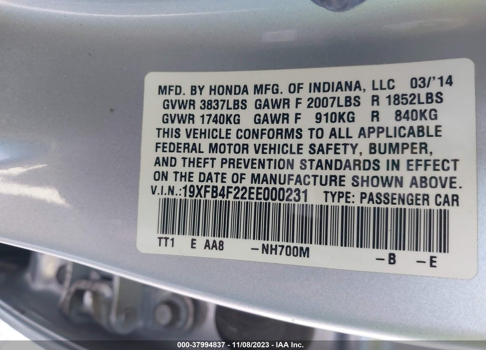 2014 HONDA CIVIC HYBRID VIN: 19XFB4F22EE000231