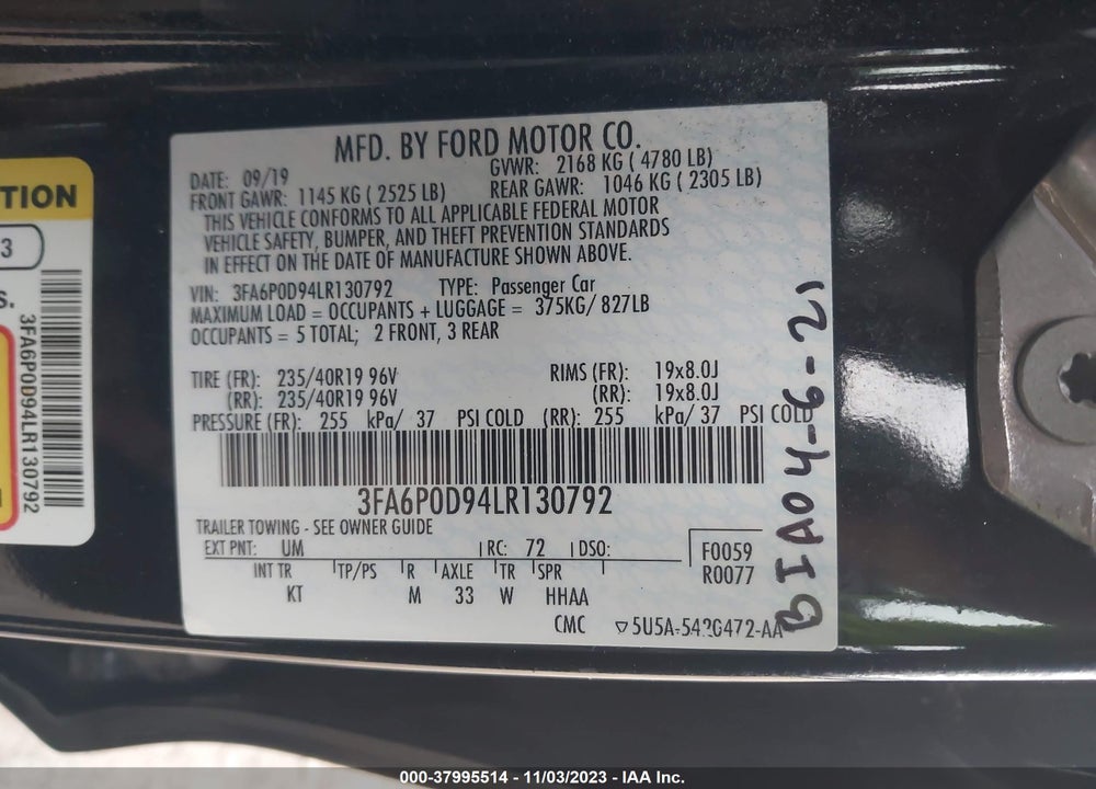 2020 FORD FUSION TITANIUM VIN: 3FA6P0D94LR130792