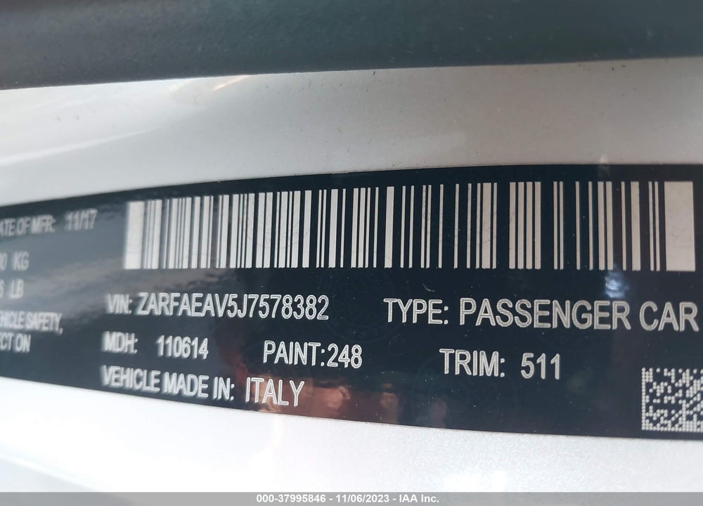 2018 ALFA ROMEO GIULIA QUADRIFOGLIO RWD VIN: ZARFAEAV5J7578382