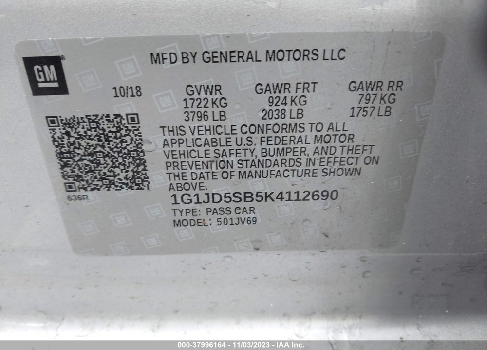 2019 CHEVROLET SONIC LT AUTO VIN: 1G1JD5SB5K4112690