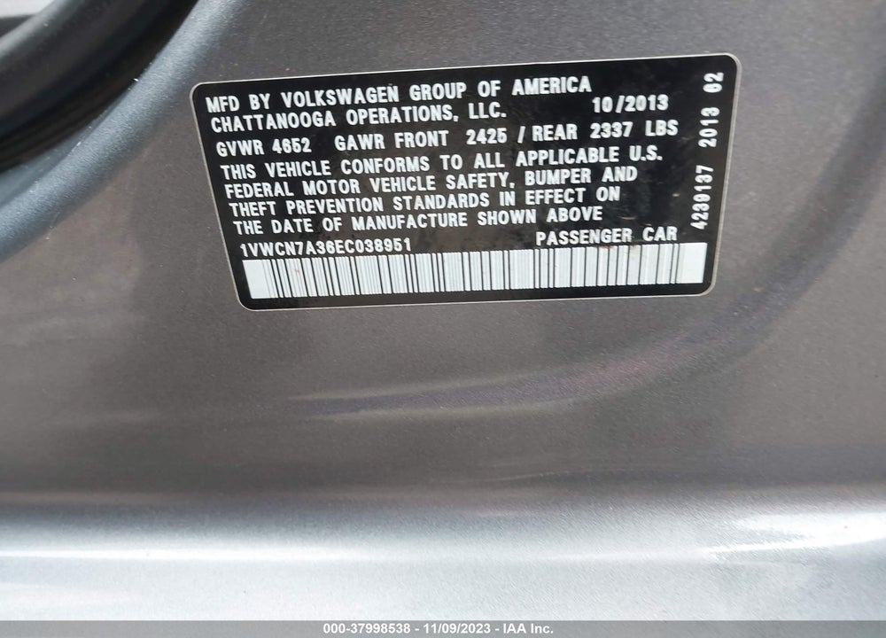 2014 VOLKSWAGEN PASSAT 2.0L TDI SEL PREMIUM VIN: 1VWCN7A36EC038951