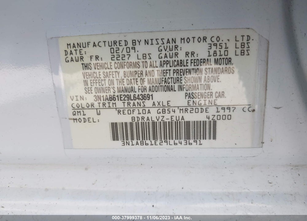 2009 NISSAN SENTRA 2.0SL VIN: 3N1AB61E29L643691