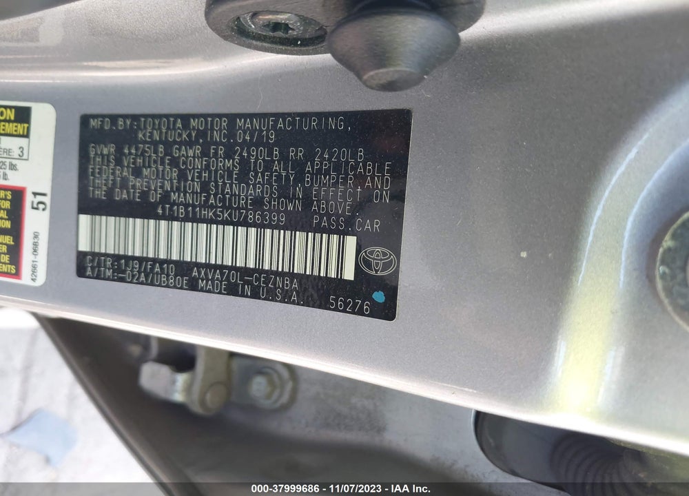 2019 TOYOTA CAMRY LE VIN: 4T1B11HK5KU786399