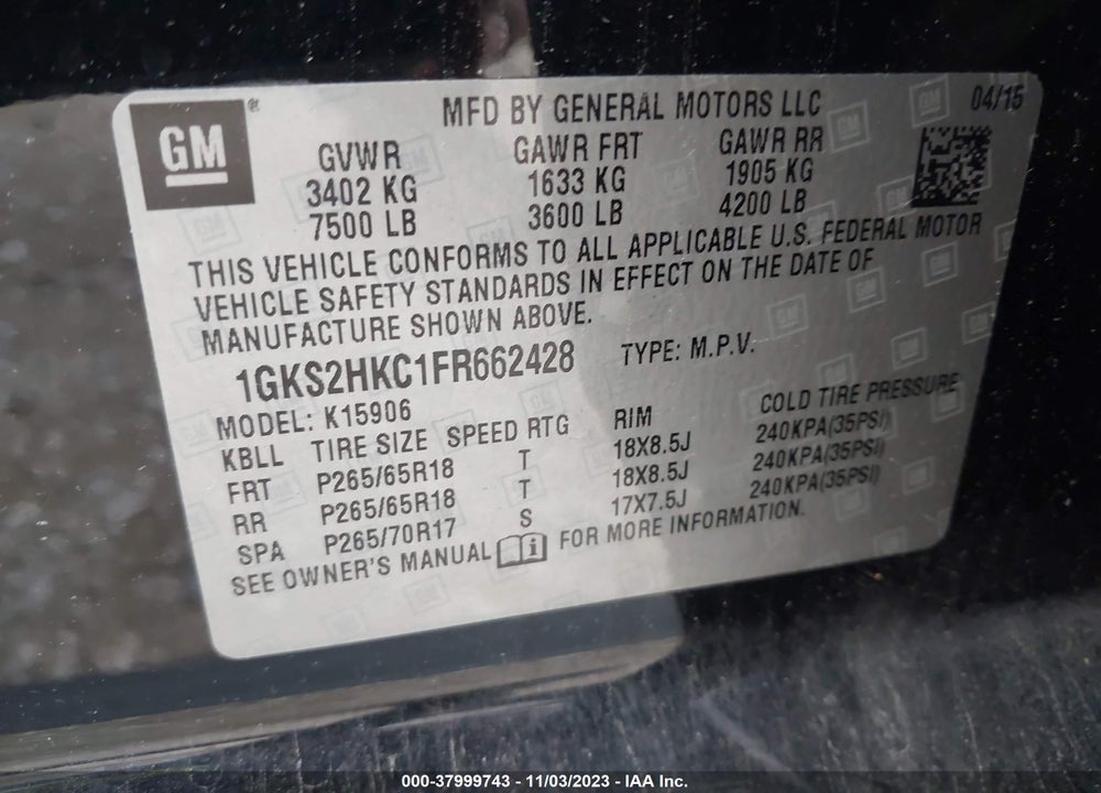 2015 GMC YUKON XL 1500 SLT VIN: 1GKS2HKC1FR662428