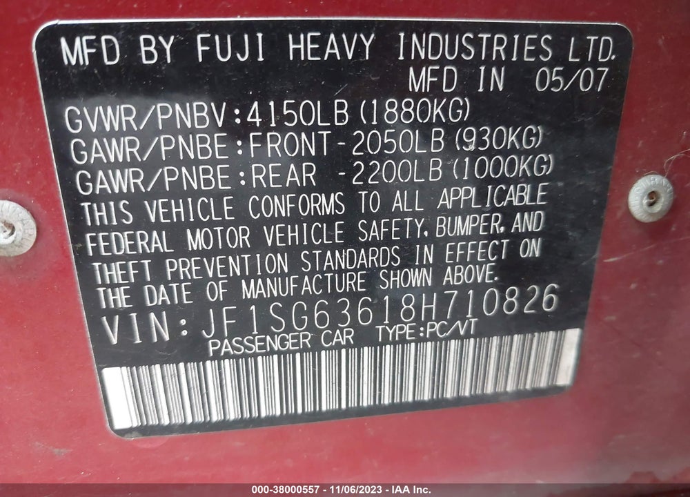 2008 SUBARU FORESTER 2.5X VIN: JF1SG63618H710826