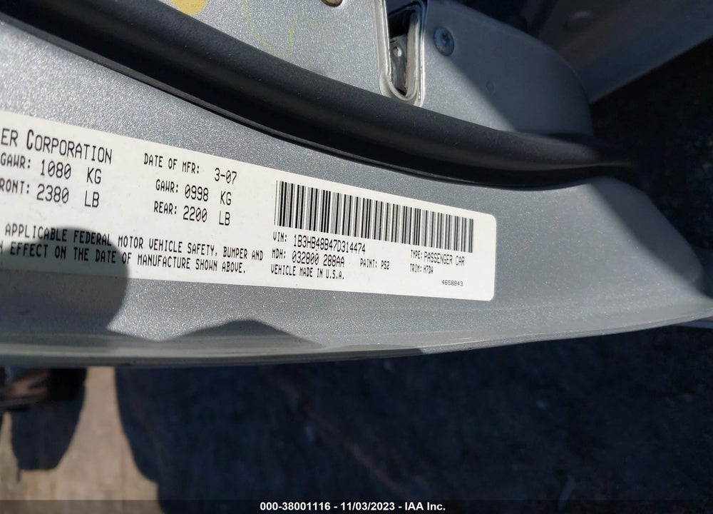 2007 DODGE CALIBER SXT VIN: 1B3HB48B47D314474