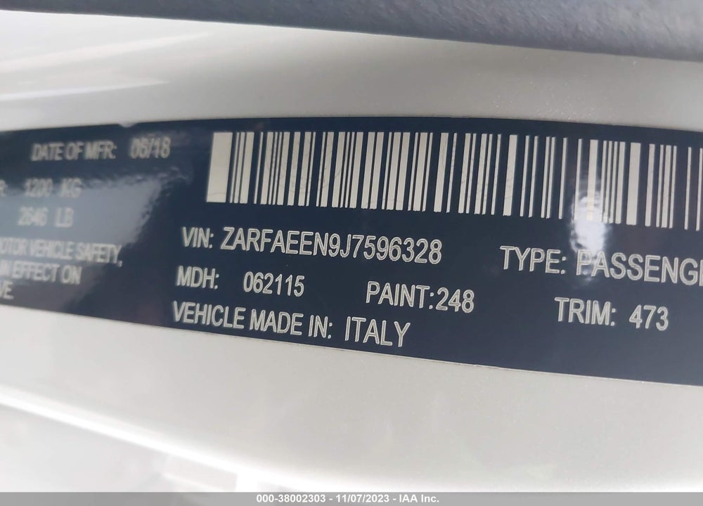 2018 ALFA ROMEO GIULIA TI SPORT AWD VIN: ZARFAEEN9J7596328