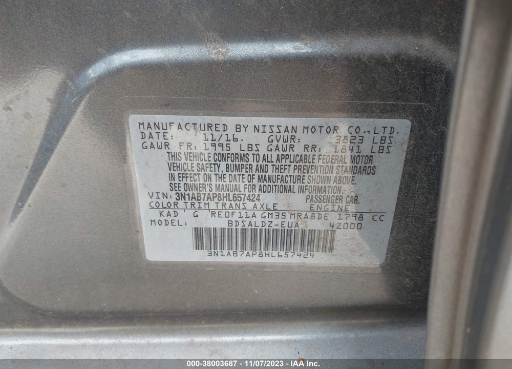 2017 NISSAN SENTRA SV VIN: 3N1AB7AP8HL657424