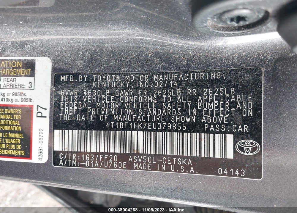 2014 TOYOTA CAMRY SE VIN: 4T1BF1FK7EU379855
