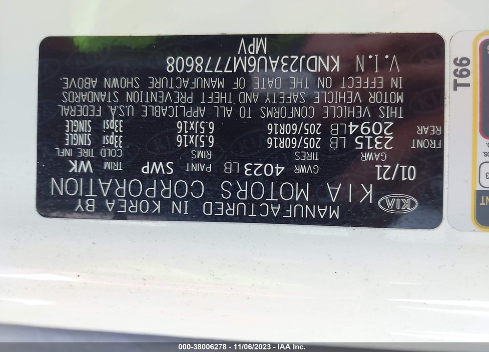 2021 KIA SOUL !/+/S VIN: KNDJ23AU6M7778608