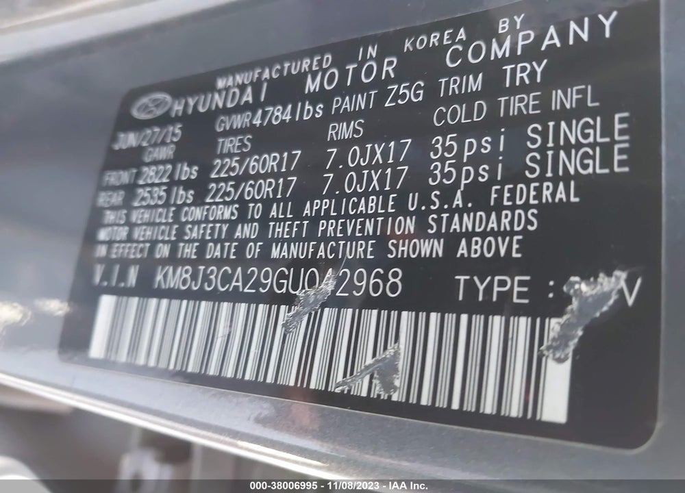 2016 HYUNDAI TUCSON ECO VIN: KM8J3CA29GU042968