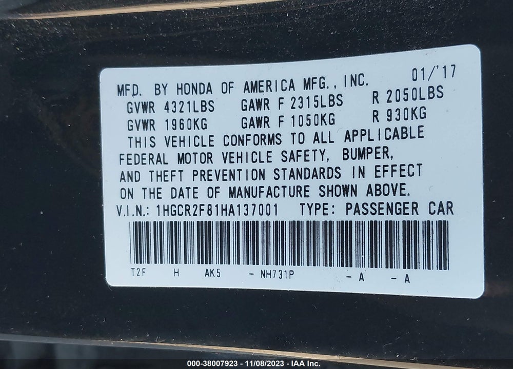 2017 HONDA ACCORD VIN: 1HGCR2F81HA137001