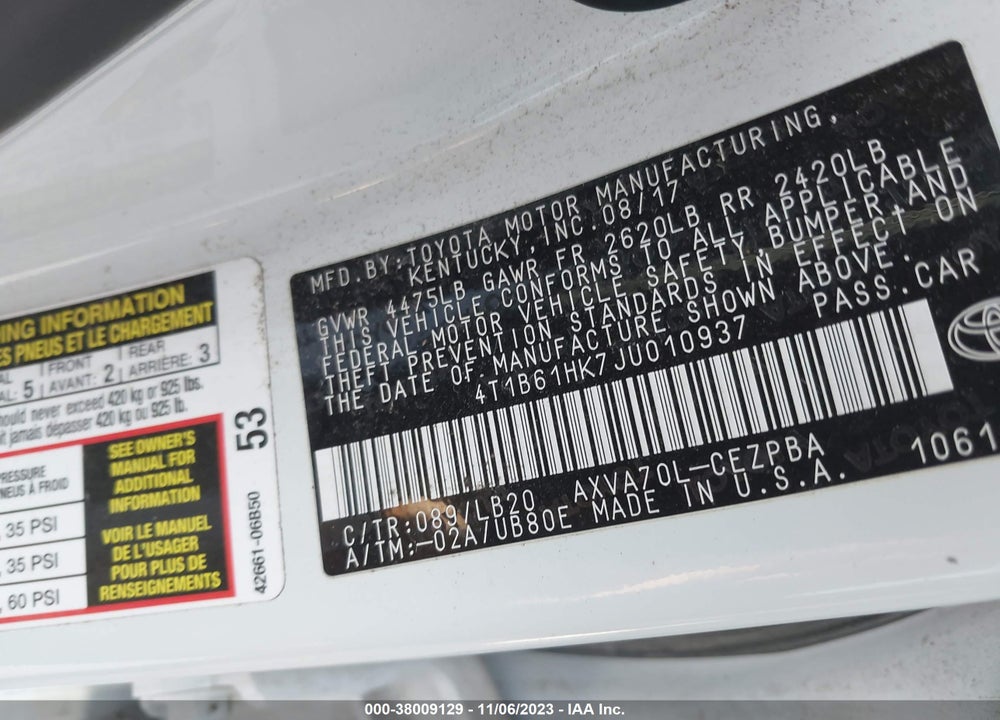 2018 TOYOTA CAMRY VIN: 4T1B61HK7JU010937