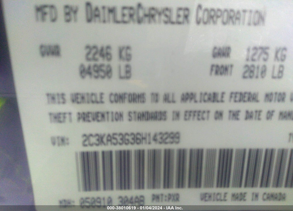 2006 CHRYSLER 300 TOURING VIN: 2C3KA53G36H143299