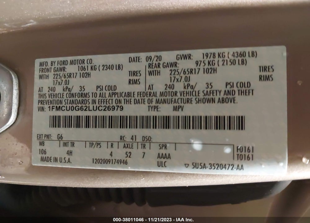 2020 FORD ESCAPE SE VIN: 1FMCU0G62LUC26979