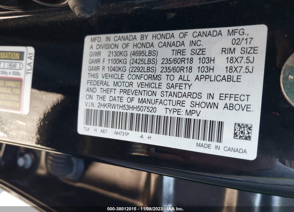 2017 HONDA CR-V VIN: 2HKRW1H53HH507520