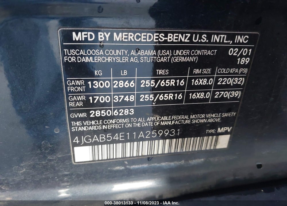 2001 MERCEDES-BENZ M-CLASS BASE (A5) VIN: 4JGAB54E11A259931