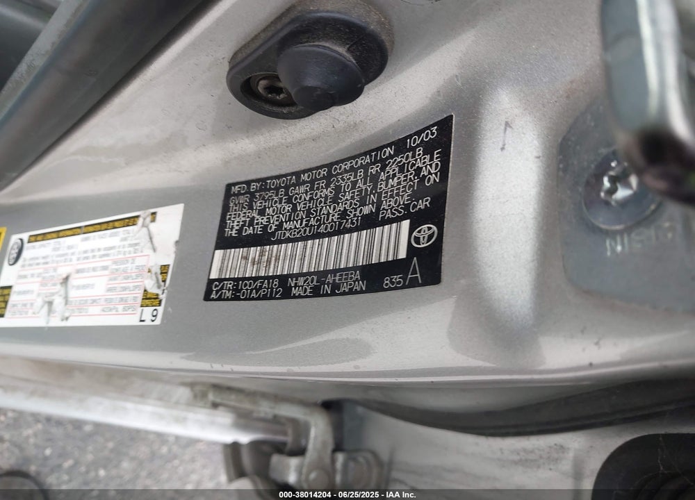 2004 TOYOTA PRIUS VIN: JTDKB20U140017431