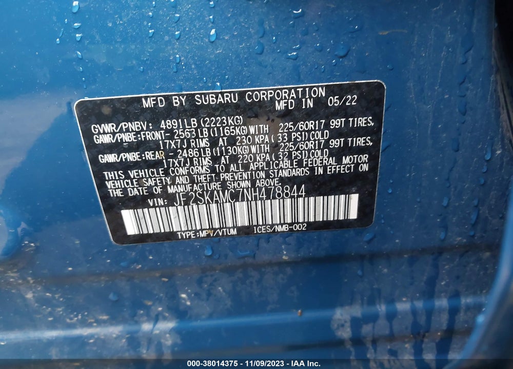2022 SUBARU FORESTER WILDERNESS VIN: JF2SKAMC7NH478844
