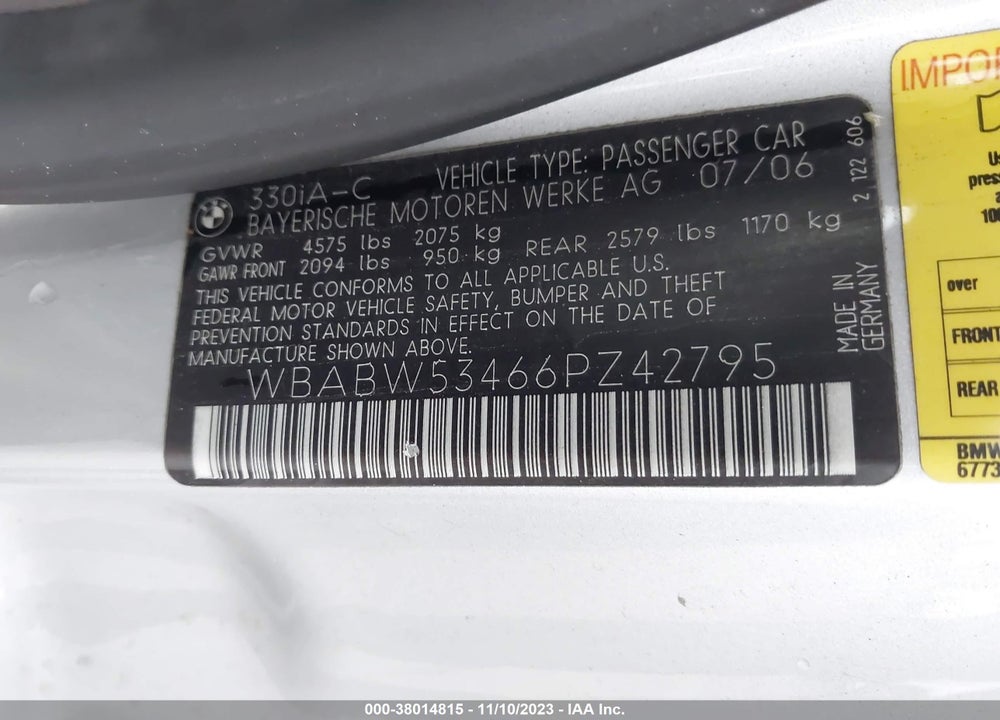 2006 BMW 330CI VIN: WBABW53466PZ42795