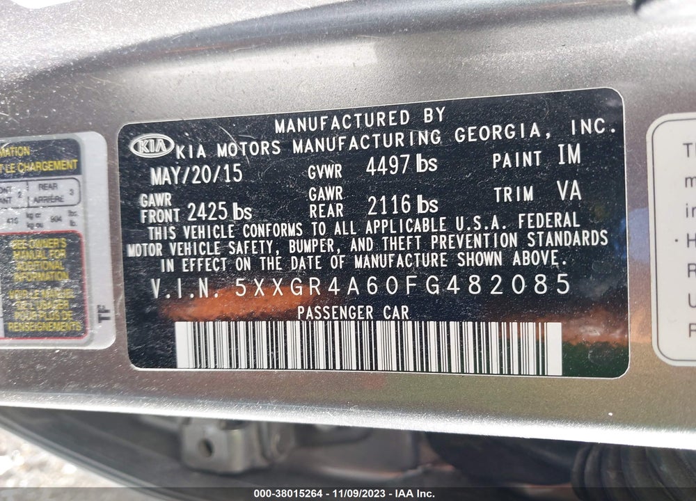 2015 KIA OPTIMA SX TURBO VIN: 5XXGR4A60FG482085