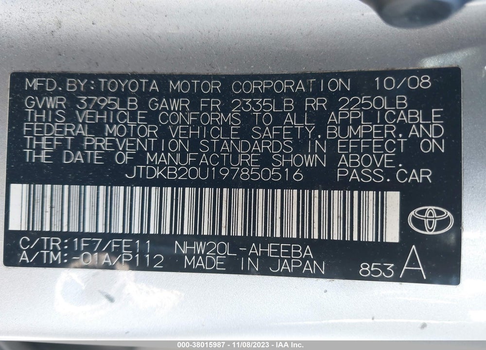 2009 TOYOTA PRIUS VIN: JTDKB20U197850516