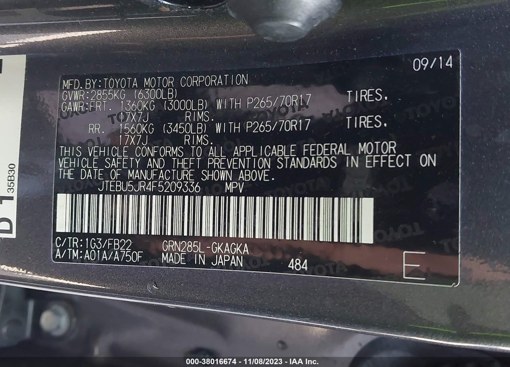2015 TOYOTA 4RUNNER SR5 VIN: JTEBU5JR4F5209336