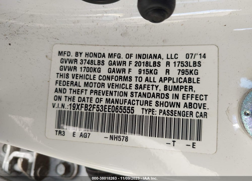 2014 HONDA CIVIC LX VIN: 19XFB2F53EE065555