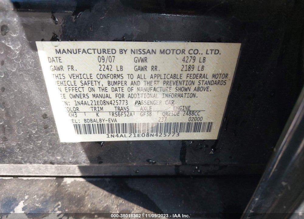 2008 NISSAN ALTIMA 2.5 S VIN: 1N4AL21E08N425773