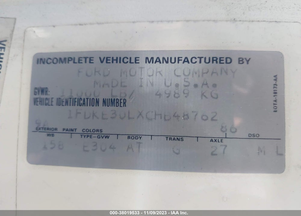 1982 MONACO MOTORIZED HOME VIN: 1FDKE30LXCHB48762