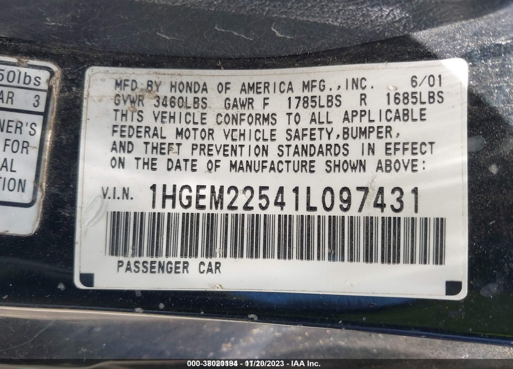 2001 HONDA CIVIC LX VIN: 1HGEM22541L097431