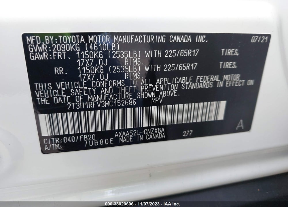 2021 TOYOTA RAV4 LE VIN: 2T3H1RFV3MC152686