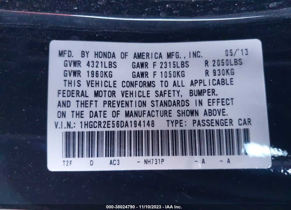 2013 HONDA ACCORD SPORT VIN: 1HGCR2E56DA194148