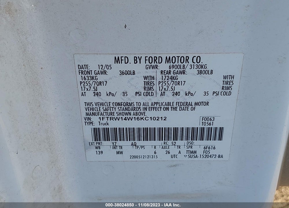 2006 FORD F-150 VIN: 1FTRW14W16KC10212
