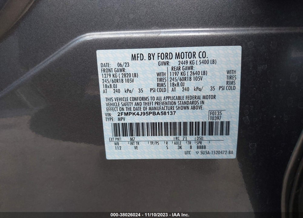 2023 FORD EDGE SEL VIN: 2FMPK4J95PBA58137
