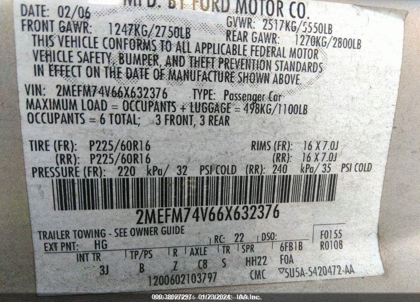 2006 MERCURY GRAND MARQUIS GS VIN: 2MEFM74V66X632376