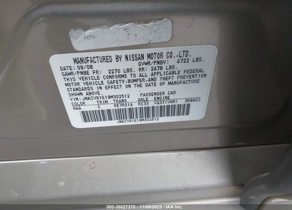 2009 INFINITI G37 VIN: JNKCV61E19M302512
