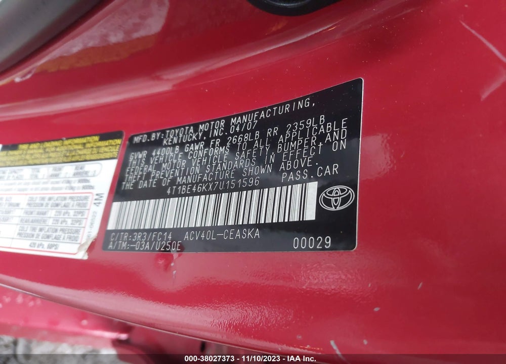 2007 TOYOTA CAMRY SE VIN: 4T1BE46KX7U151596