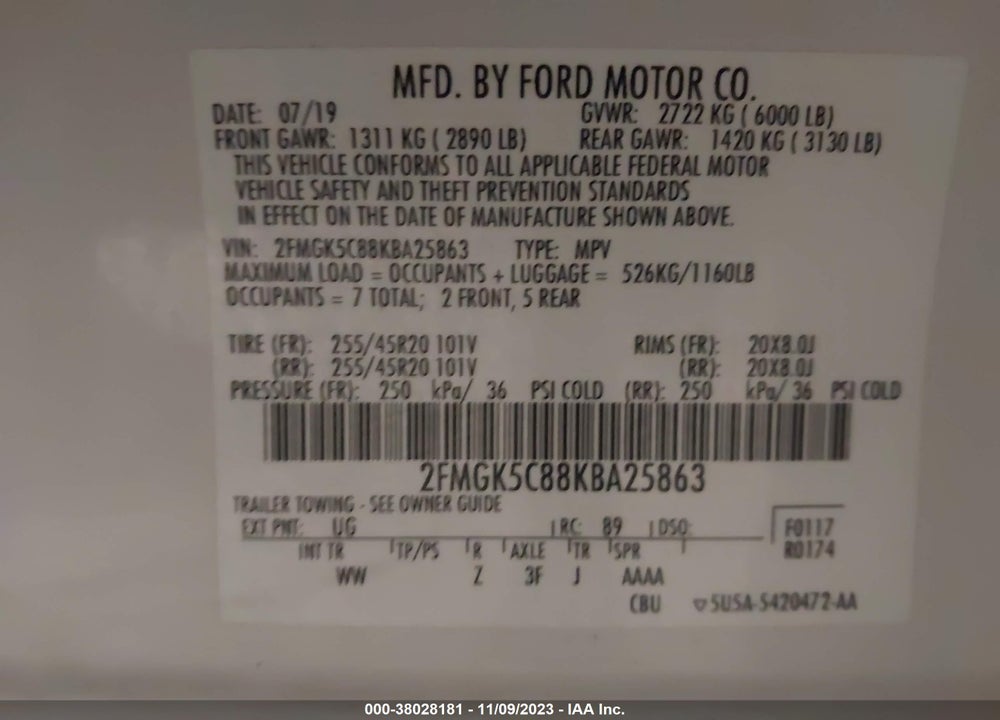 2019 FORD FLEX SEL VIN: 2FMGK5C88KBA25863