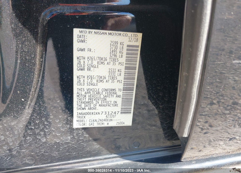 2019 NISSAN FRONTIER SV VIN: 1N6AD0ER1KN731247