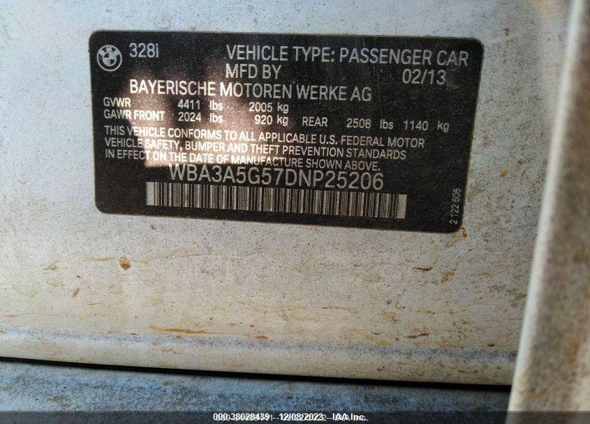 2013 BMW 328I VIN: WBA3A5G57DNP25206