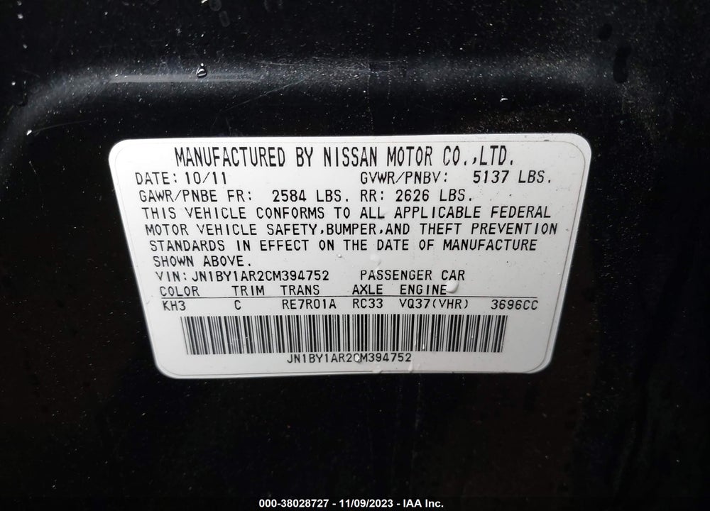 2012 INFINITI M37X VIN: JN1BY1AR2CM394752