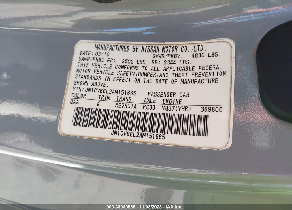 2010 INFINITI G37X VIN: JN1CV6EL2AM151665